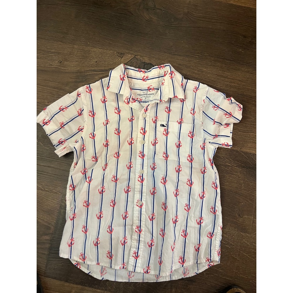Vineyard Vines Boys Size 7 Anchor Stripe Short Sleeve Button Down Shirt White